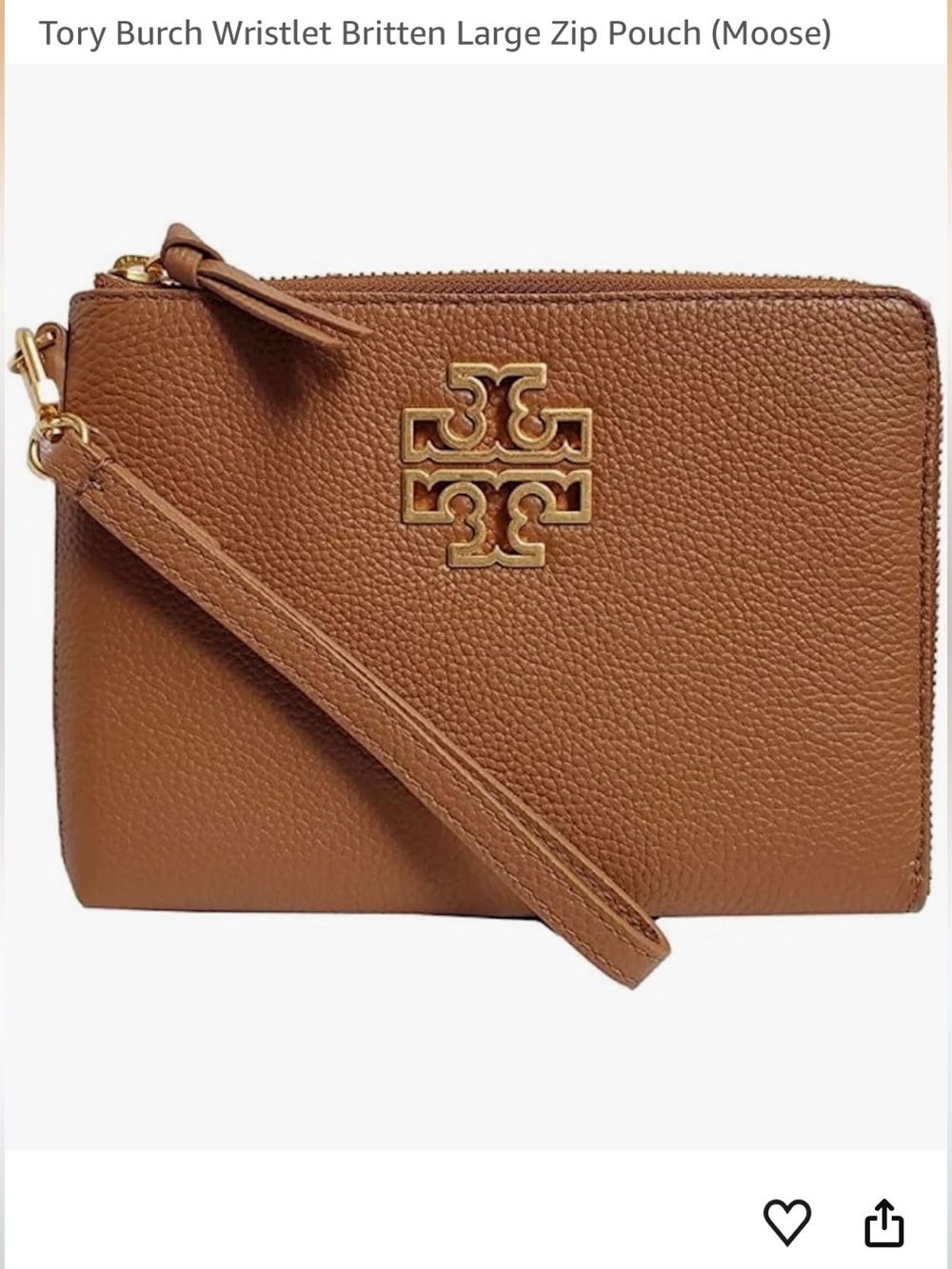 Tory Burch Britten Pebbled Leather Wristlet in Moose Brown Gold Logo 8” x 5.5”
